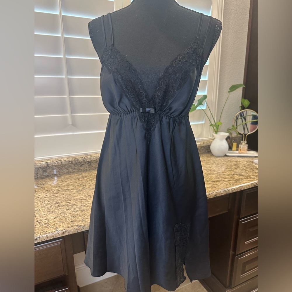 NWOT | Black Lace Satin Slip Nightgown by Cinema Etoile | Medium